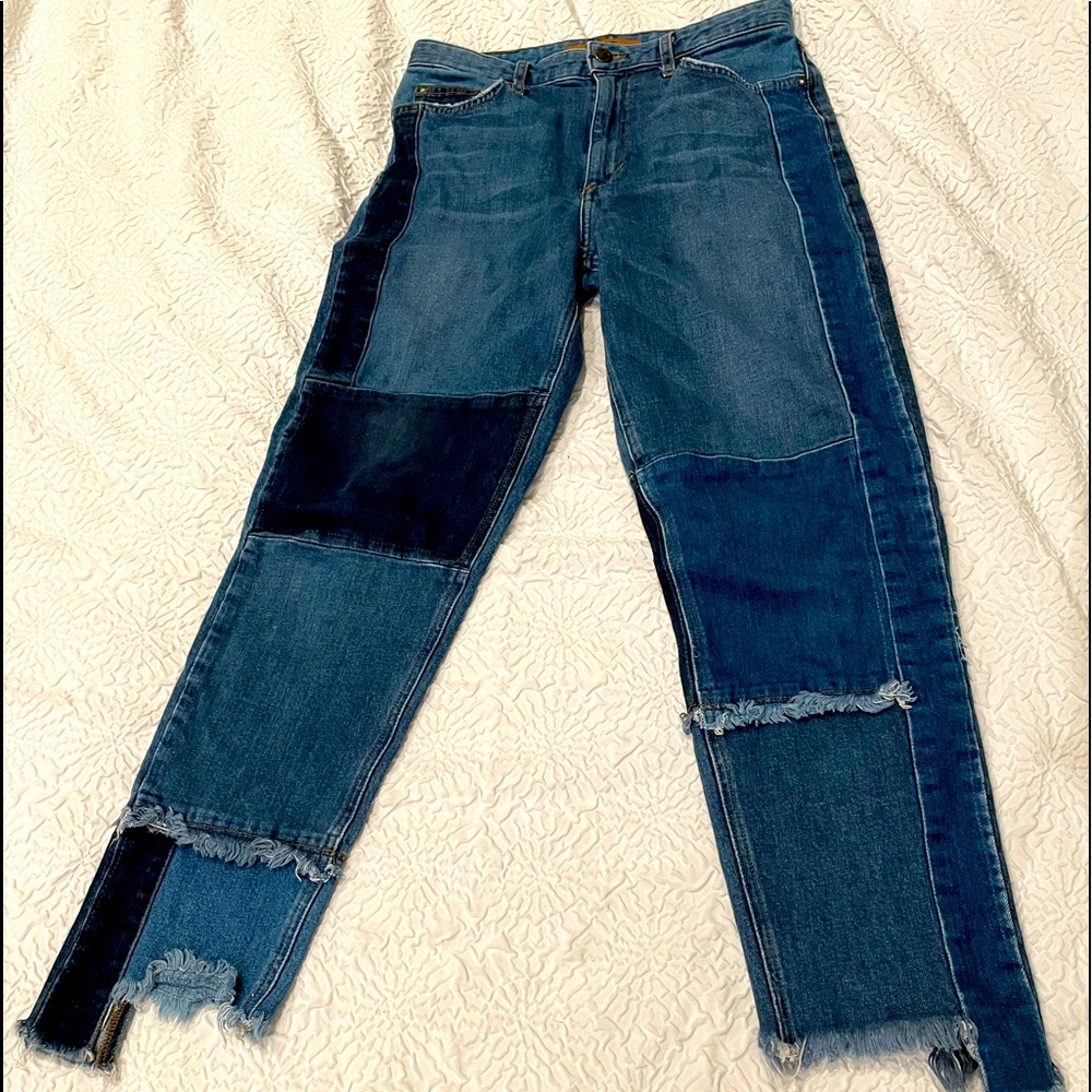 Patched designer jeans dark and light denim